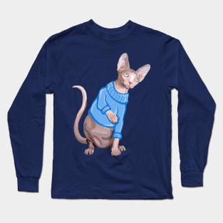 Cute Sphynx Cat with Blue Knit Sweater Long Sleeve T-Shirt